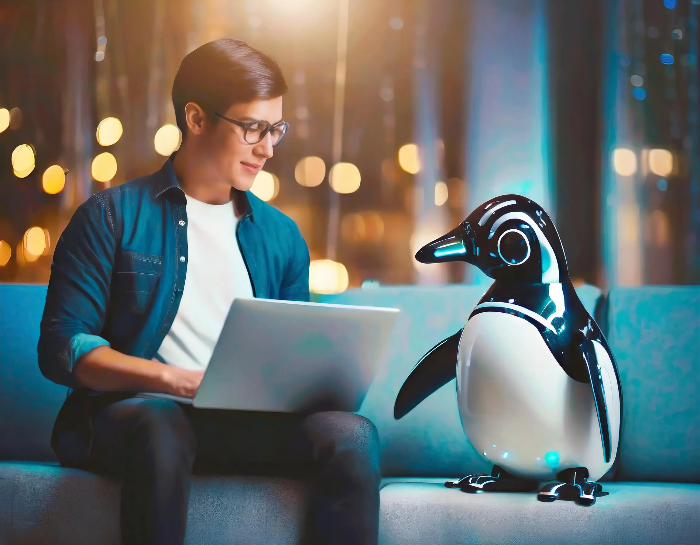 A penguin robot talking with a human