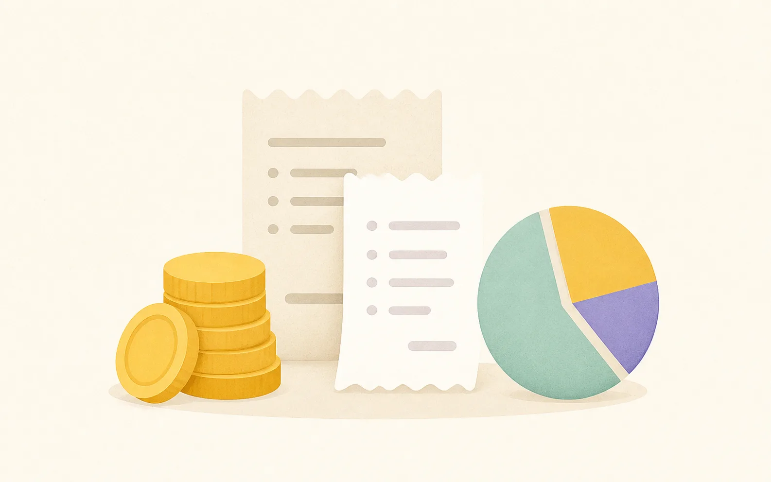 Abstract receipts, coins, and a pie chart