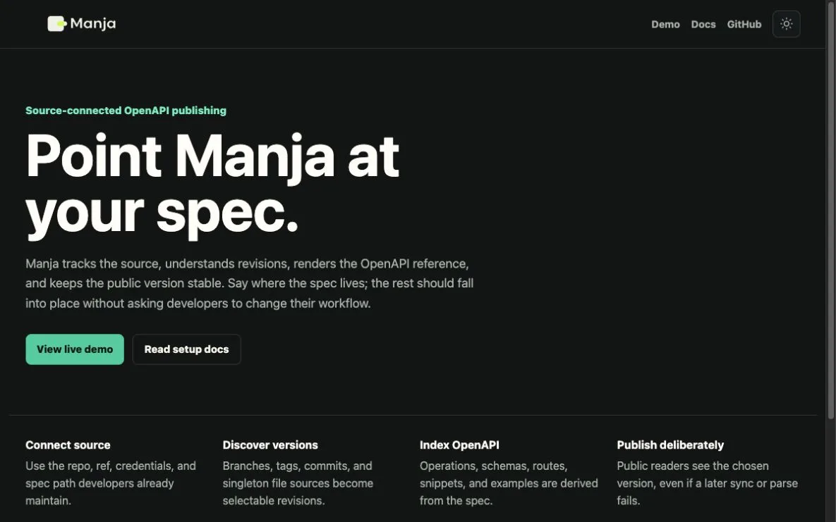 Manja product site showing source-connected OpenAPI publishing