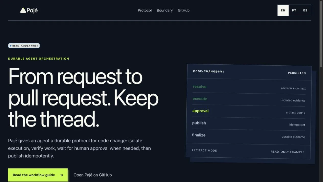 Pajé product site showing its durable code-change workflow